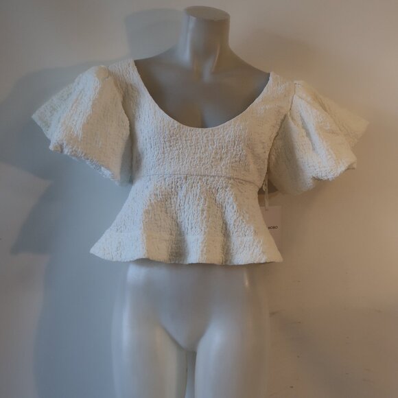 NWT Womens Ronny Kobo Jorden White Ruffled Textured Peplum Hem Cropped Top M - Picture 7 of 11